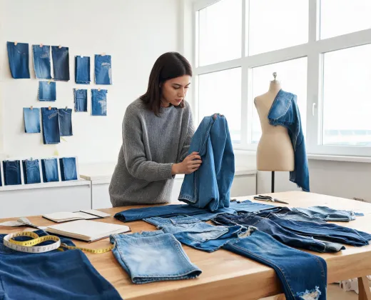 Designer reviewing denim hand and drape