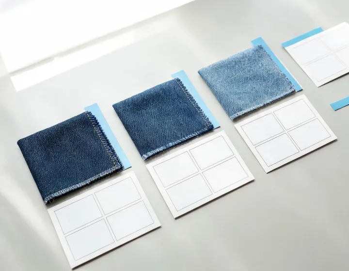 Denim fabric swatches arranged for article-level review