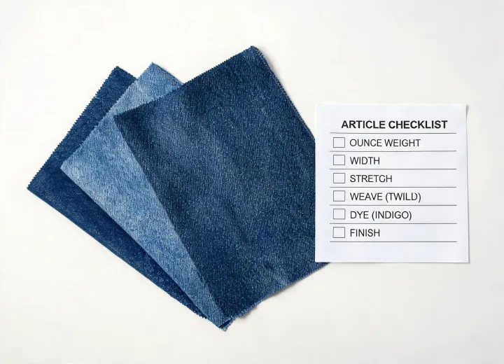 Denim article swatches with specification checklist